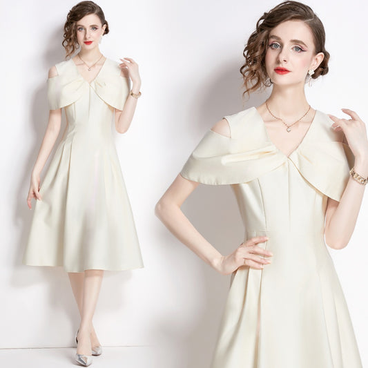 CM-DY009860 Women Elegant European Style V-Neck Short Sleeve Slim Dress -Apricot