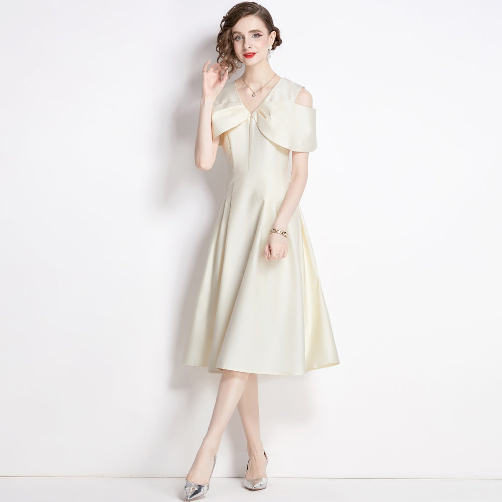 CM-DY009860 Women Elegant European Style V-Neck Short Sleeve Slim Dress -Apricot