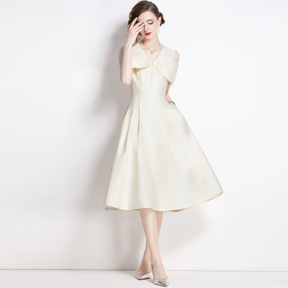 CM-DY009860 Women Elegant European Style V-Neck Short Sleeve Slim Dress -Apricot