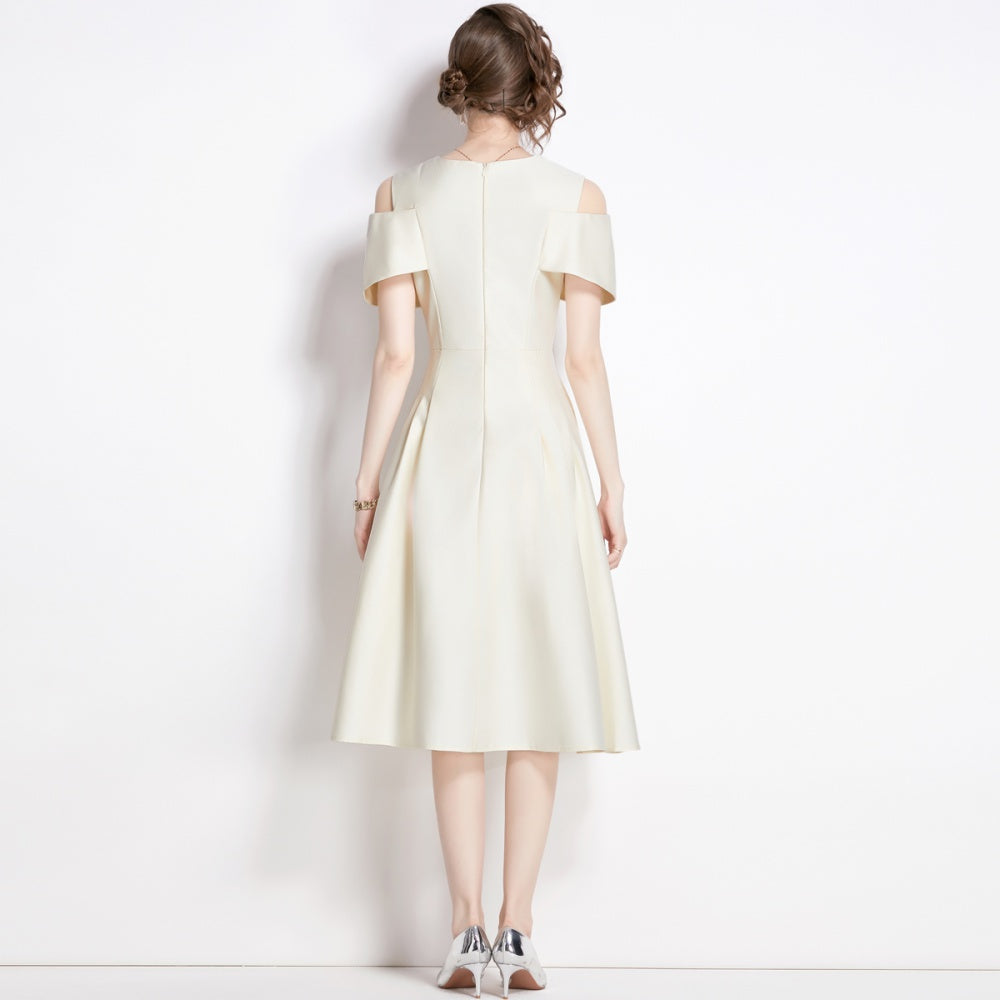 CM-DY009860 Women Elegant European Style V-Neck Short Sleeve Slim Dress -Apricot
