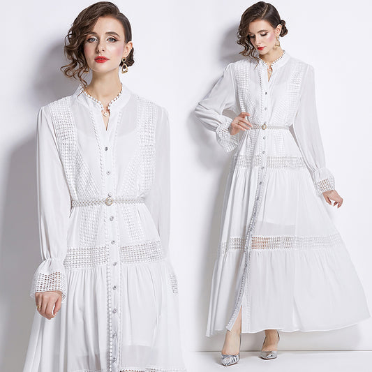 CM-DY009878 Women Elegant European Style Open Collar Pearl Decor Long Sleeve Dress