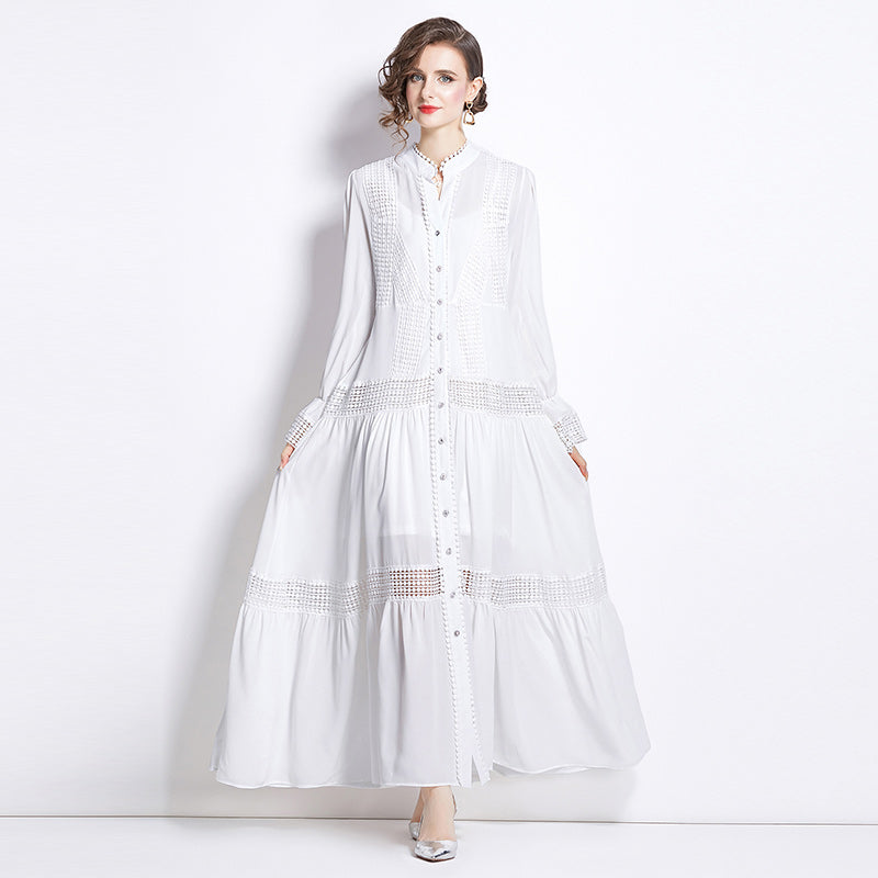 CM-DY009878 Women Elegant European Style Open Collar Pearl Decor Long Sleeve Dress