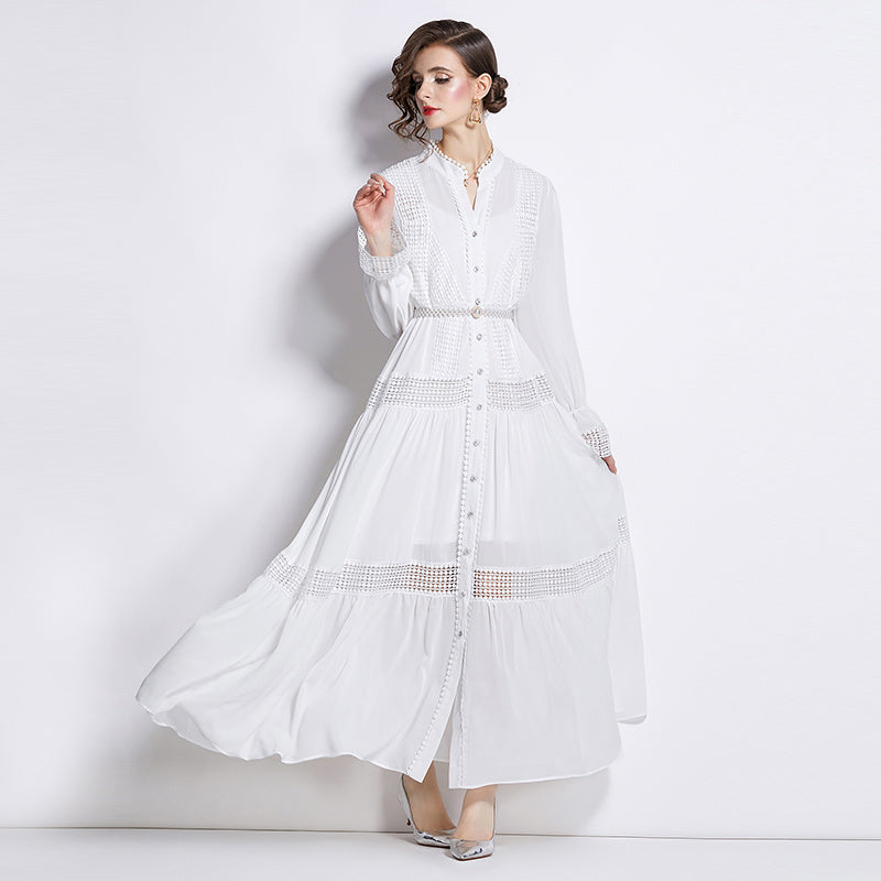 CM-DY009878 Women Elegant European Style Open Collar Pearl Decor Long Sleeve Dress