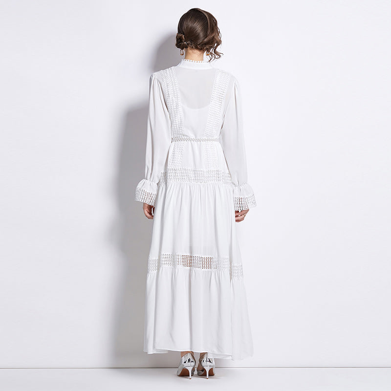 CM-DY009878 Women Elegant European Style Open Collar Pearl Decor Long Sleeve Dress