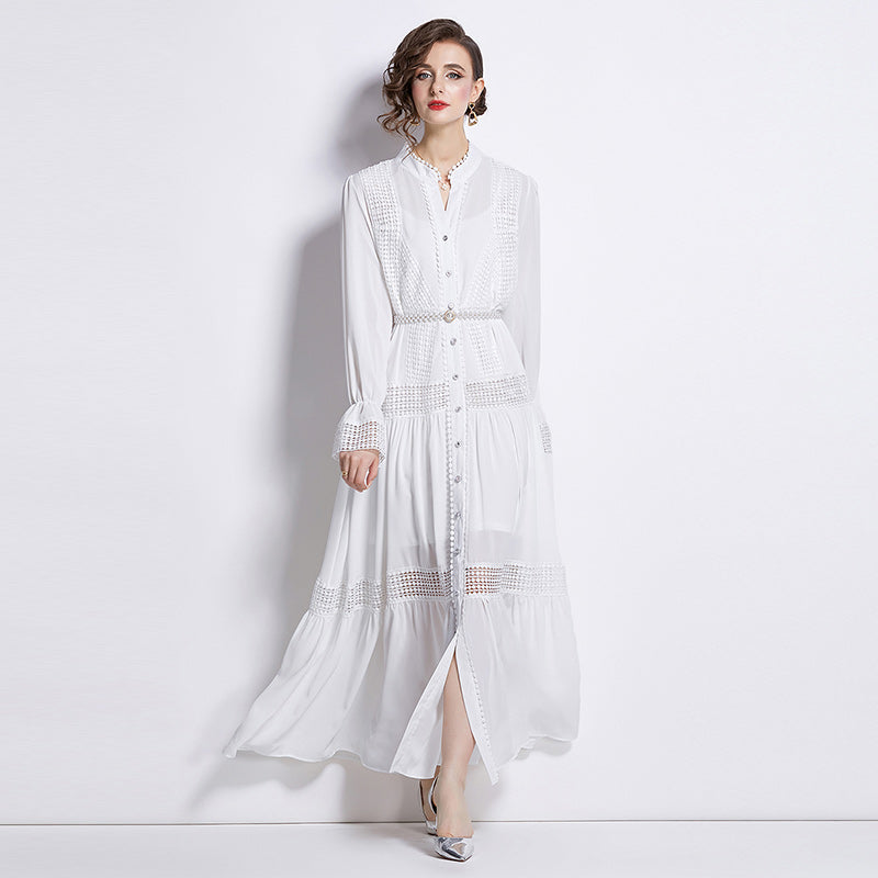 CM-DY009878 Women Elegant European Style Open Collar Pearl Decor Long Sleeve Dress