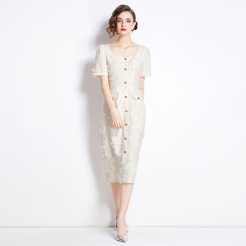 CM-DY009886 Women Elegant European Style Tassels Square Collar Short Sleeve Dress - Apricot