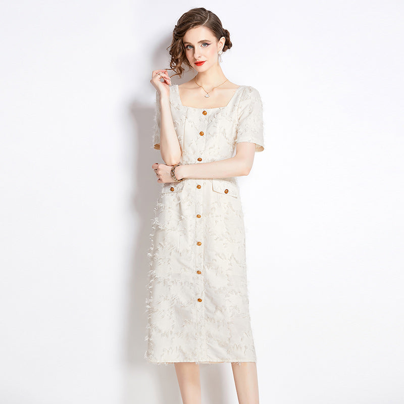 CM-DY009886 Women Elegant European Style Tassels Square Collar Short Sleeve Dress - Apricot