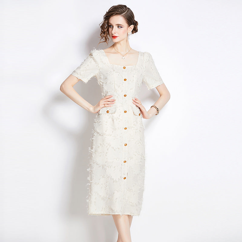 CM-DY009886 Women Elegant European Style Tassels Square Collar Short Sleeve Dress - Apricot