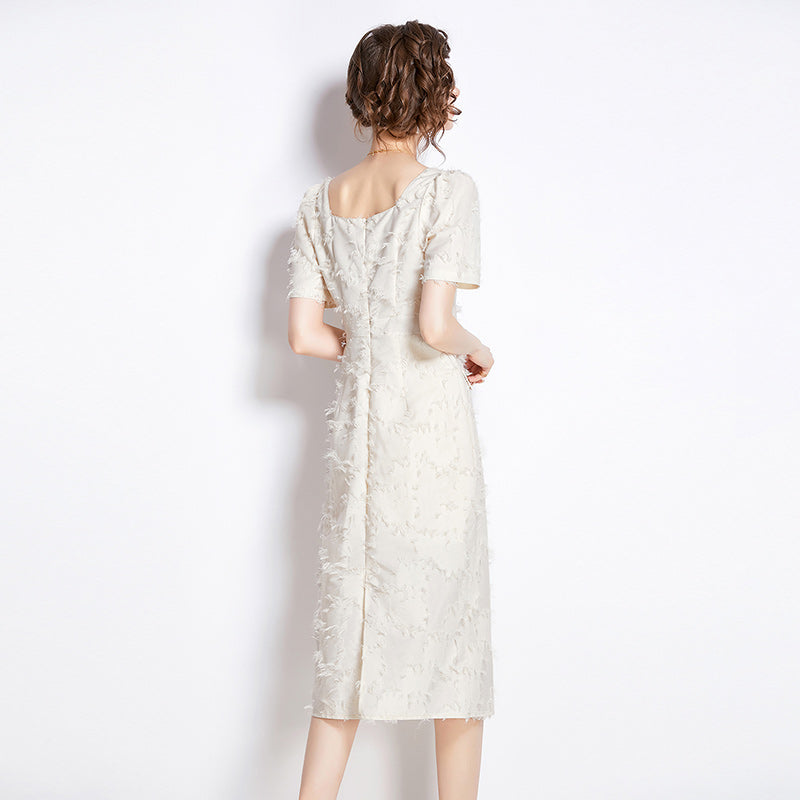 CM-DY009886 Women Elegant European Style Tassels Square Collar Short Sleeve Dress - Apricot
