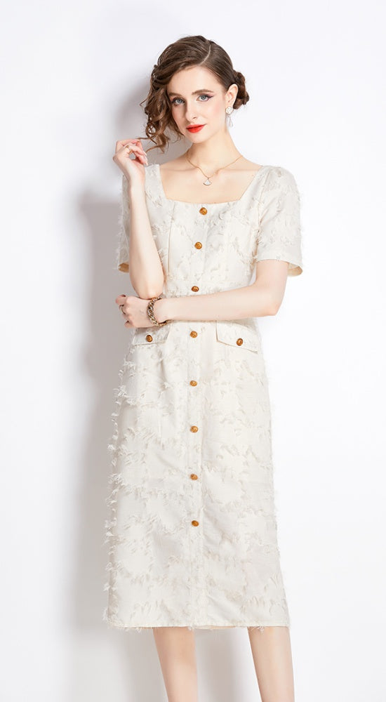 CM-DY009886 Women Elegant European Style Tassels Square Collar Short Sleeve Dress - Apricot
