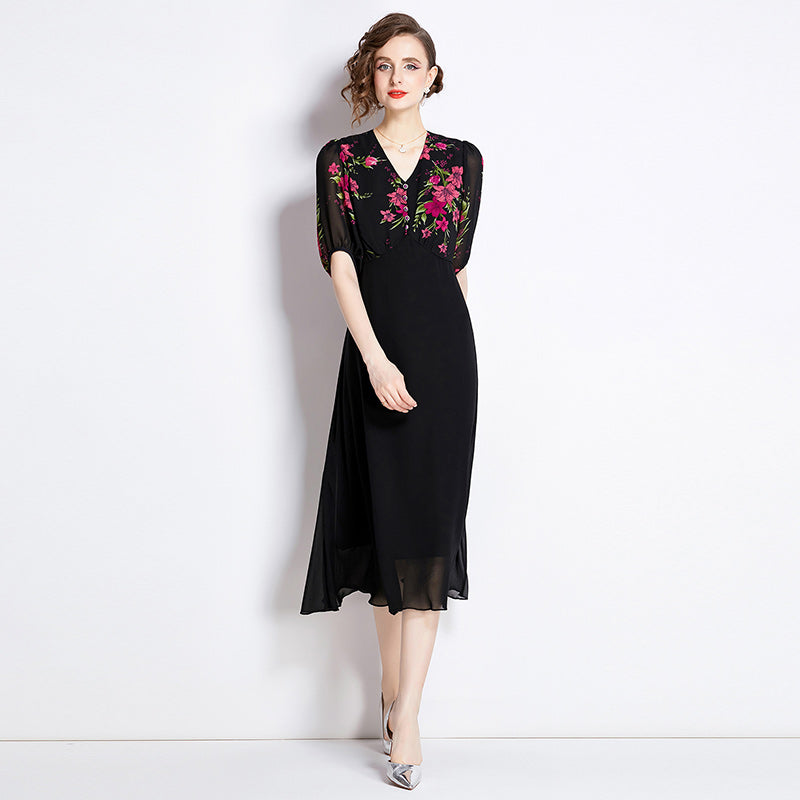 CM-DY009887 Women Elegant Euroepan Style V-Neck Half Sleeve High Waist Slim Dress - Black