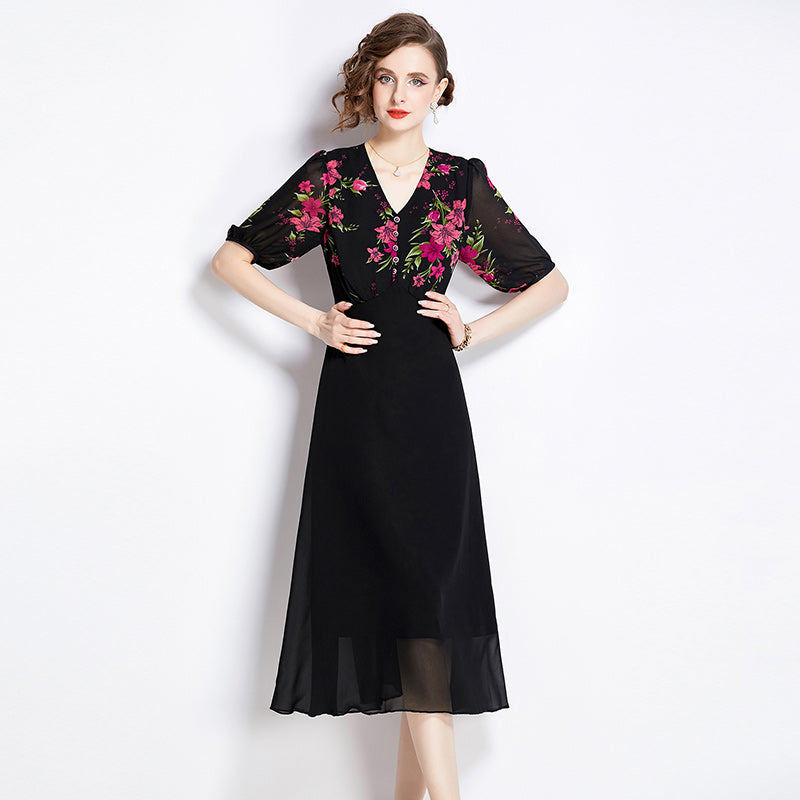 CM-DY009887 Women Elegant Euroepan Style V-Neck Half Sleeve High Waist Slim Dress - Black