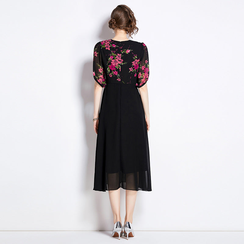 CM-DY009887 Women Elegant Euroepan Style V-Neck Half Sleeve High Waist Slim Dress - Black