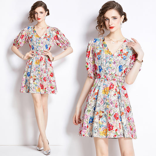 CM-DY009888 Women Casual European Style V-Neck Short Sleeve Floral Slim Mini Dress