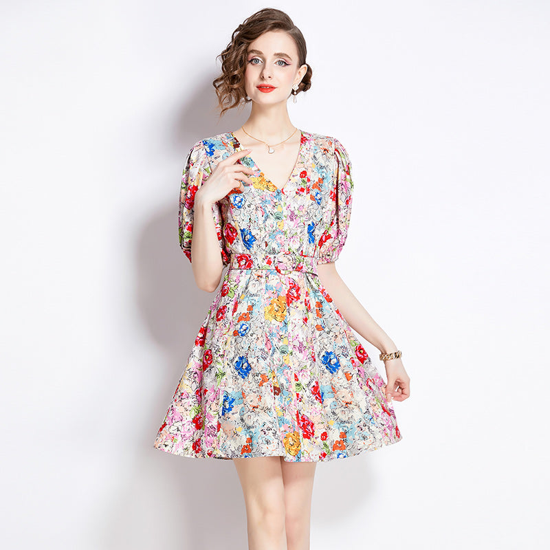 CM-DY009888 Women Casual European Style V-Neck Short Sleeve Floral Slim Mini Dress