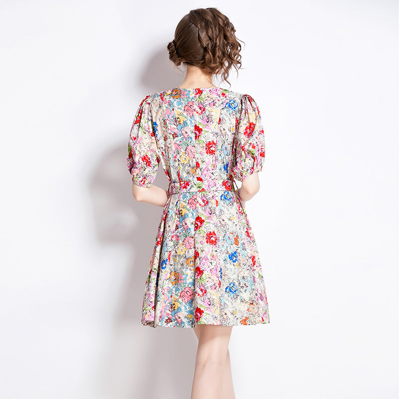 CM-DY009888 Women Casual European Style V-Neck Short Sleeve Floral Slim Mini Dress