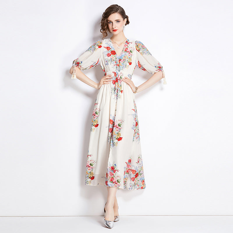 CM-DY009889 Women Elegant Euroepan Style Floral Puff Sleeve Pinched Waist Floral Dress