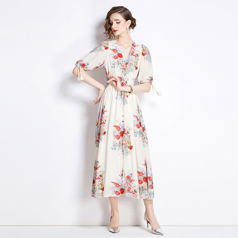 CM-DY009889 Women Elegant Euroepan Style Floral Puff Sleeve Pinched Waist Floral Dress