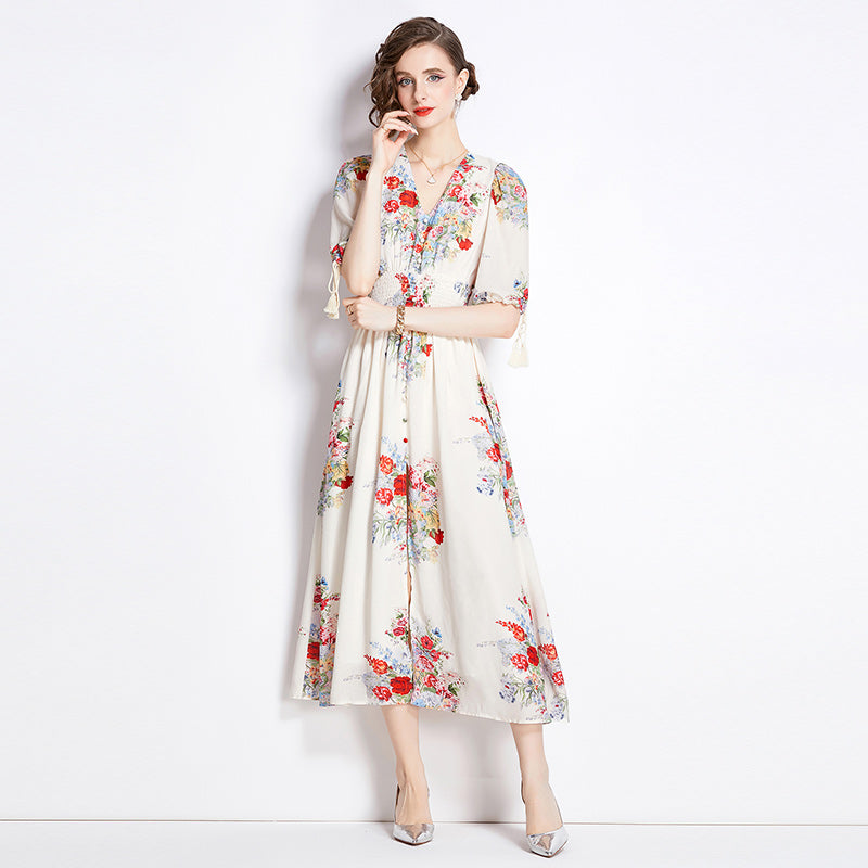 CM-DY009889 Women Elegant Euroepan Style Floral Puff Sleeve Pinched Waist Floral Dress