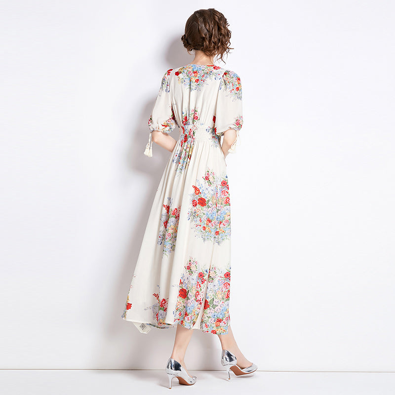 CM-DY009889 Women Elegant Euroepan Style Floral Puff Sleeve Pinched Waist Floral Dress