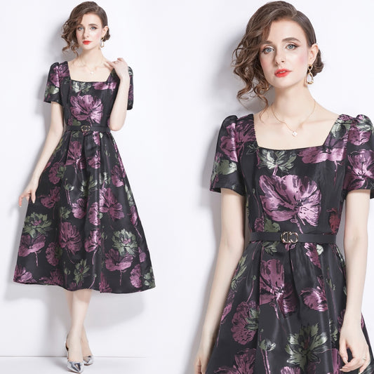 CM-DY009890 Women Elegant European Style Square Collar Short Sleeve Jacquard Dress - Purple