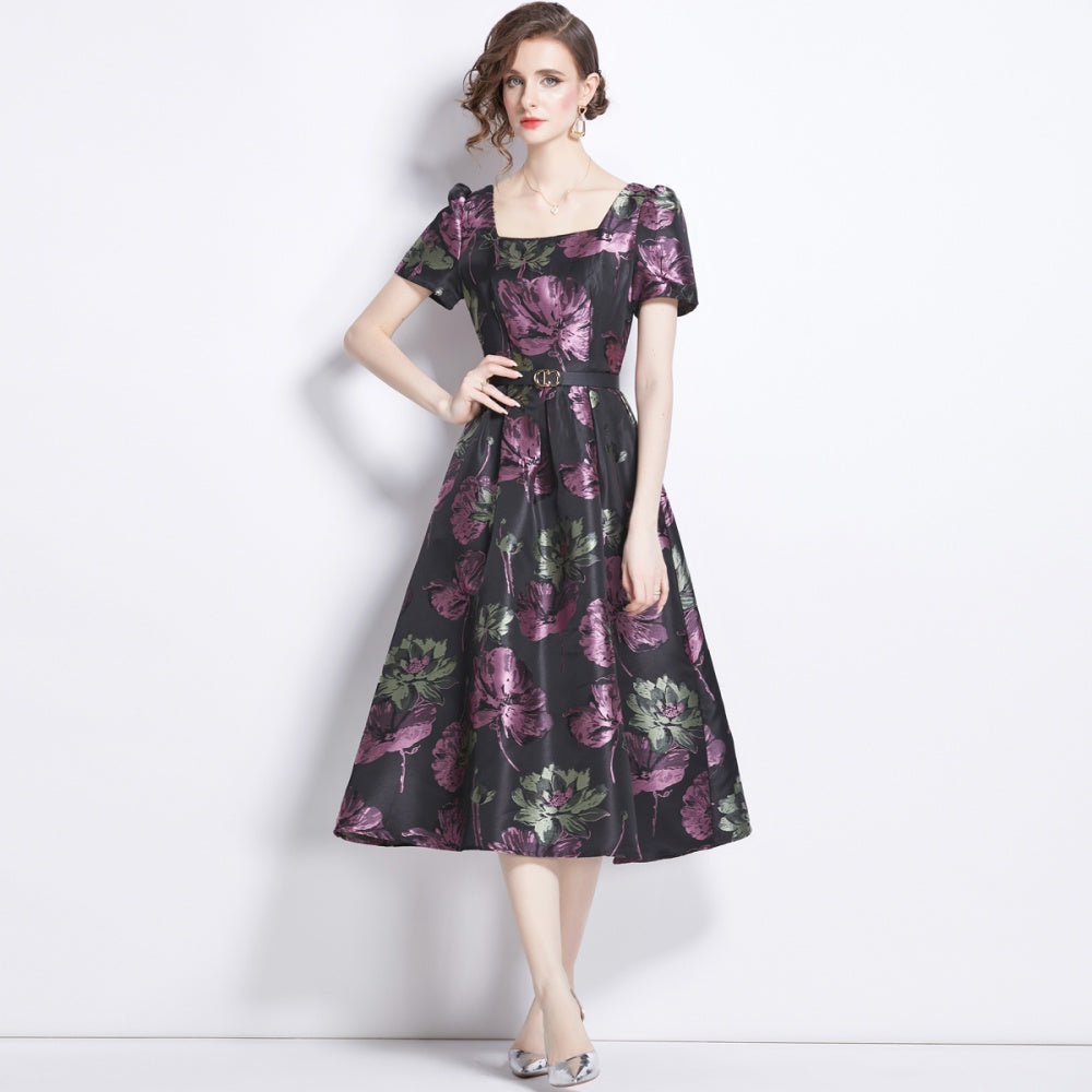 CM-DY009890 Women Elegant European Style Square Collar Short Sleeve Jacquard Dress - Purple
