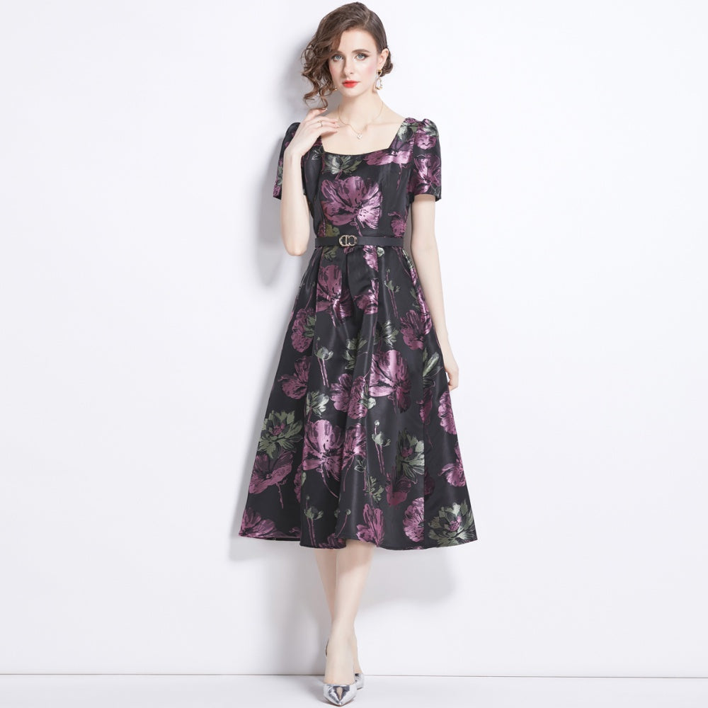 CM-DY009890 Women Elegant European Style Square Collar Short Sleeve Jacquard Dress - Purple