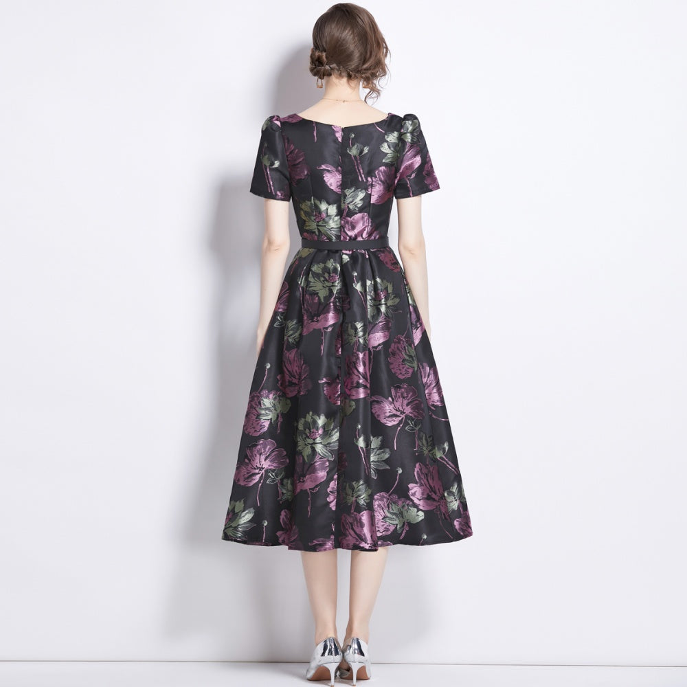 CM-DY009890 Women Elegant European Style Square Collar Short Sleeve Jacquard Dress - Purple