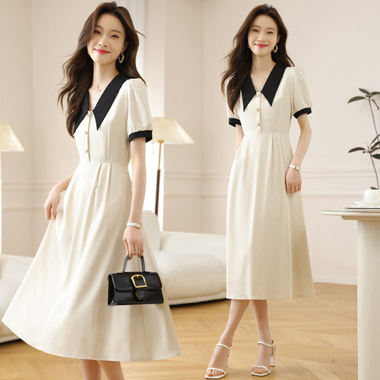 CM-DY009892 Women Elegant European Style V-Neck Short Sleeve Midi Dress - Apricot