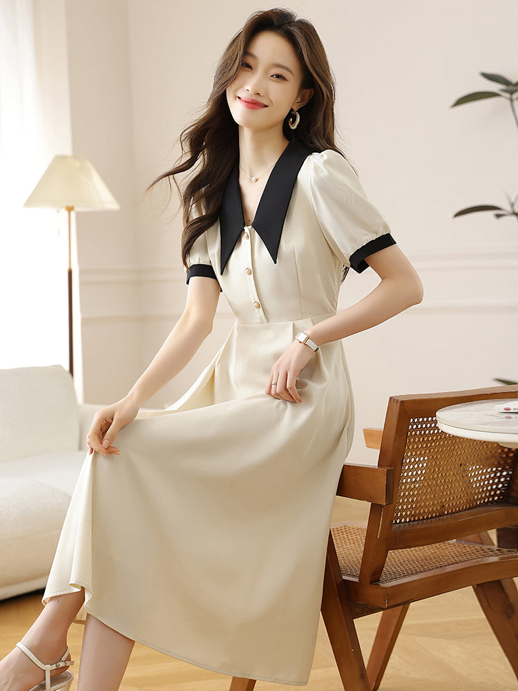 CM-DY009892 Women Elegant European Style V-Neck Short Sleeve Midi Dress - Apricot