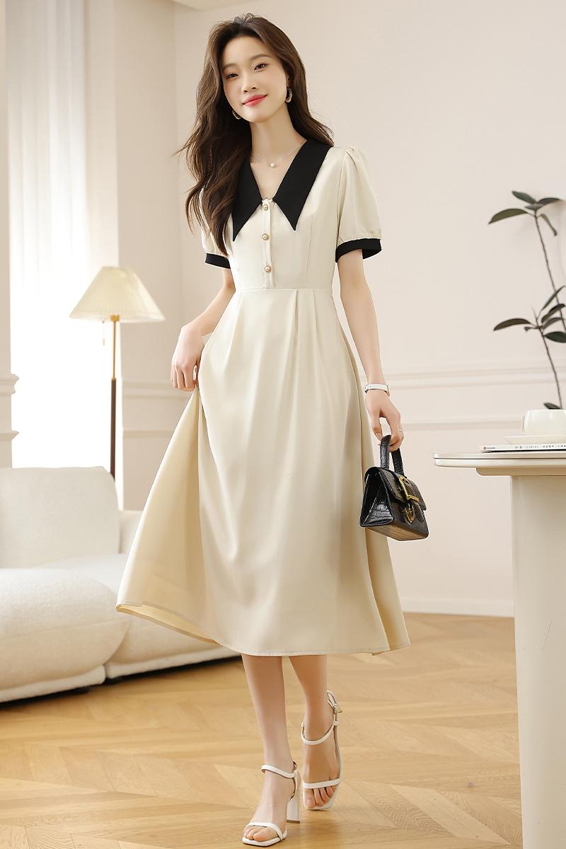 CM-DY009892 Women Elegant European Style V-Neck Short Sleeve Midi Dress - Apricot
