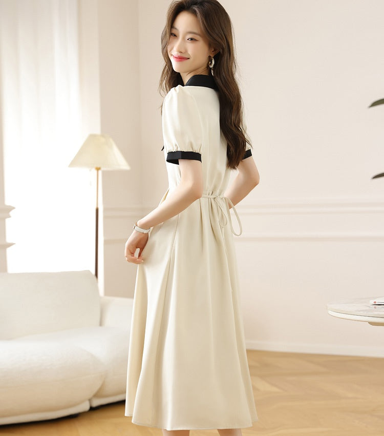 CM-DY009892 Women Elegant European Style V-Neck Short Sleeve Midi Dress - Apricot