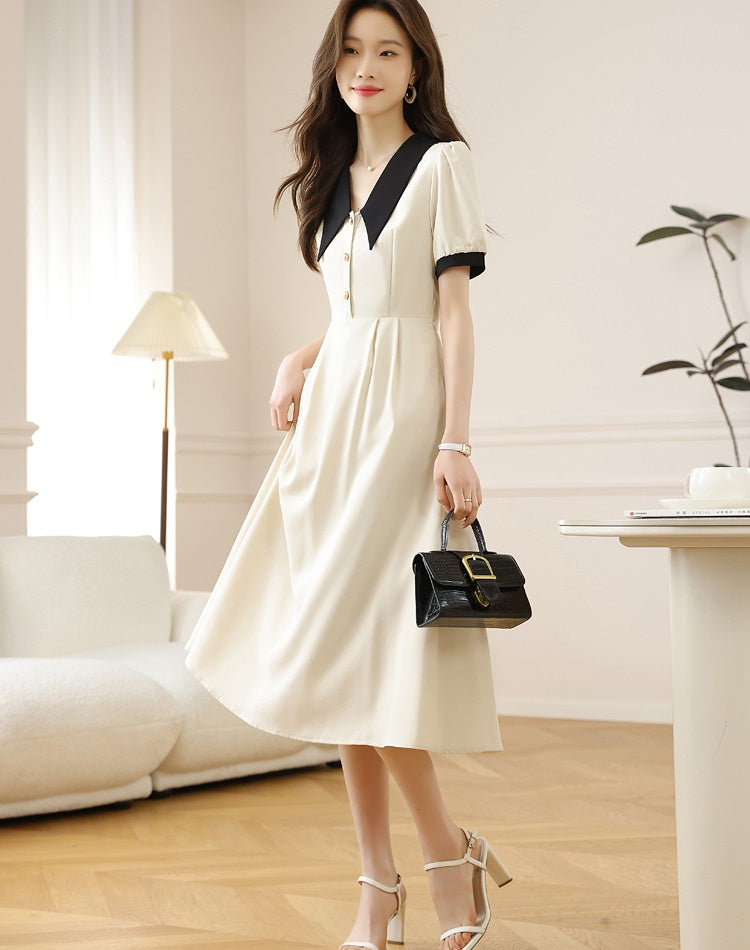CM-DY009892 Women Elegant European Style V-Neck Short Sleeve Midi Dress - Apricot