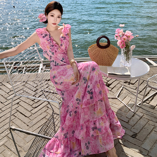 CM-DY009907 Women Trendy Bohemian Style V-Neck Sleeveless Floral Long Dress