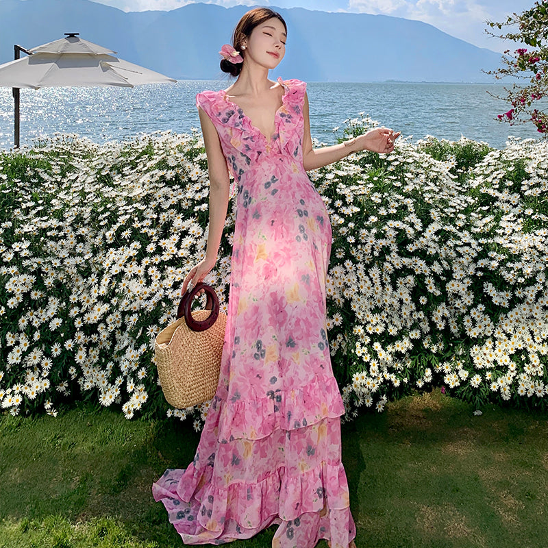 CM-DY009907 Women Trendy Bohemian Style V-Neck Sleeveless Floral Long Dress