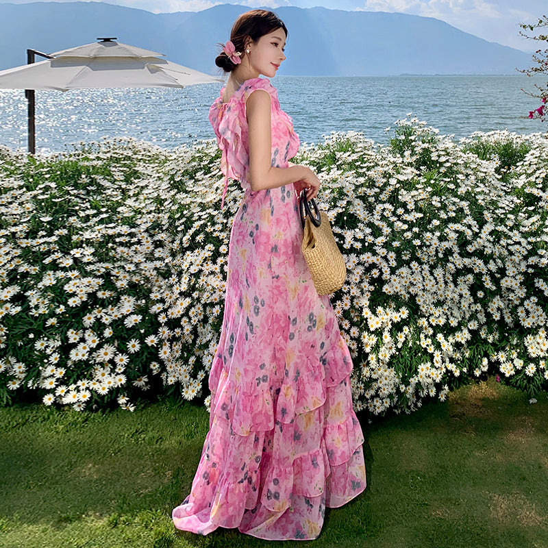 CM-DY009907 Women Trendy Bohemian Style V-Neck Sleeveless Floral Long Dress