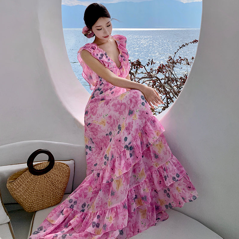 CM-DY009907 Women Trendy Bohemian Style V-Neck Sleeveless Floral Long Dress