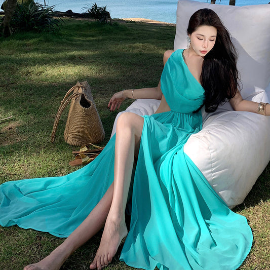CM-DY009909 Women Trendy Bohemian Style Off Shoilder Sleeveless High Waist Long Dress