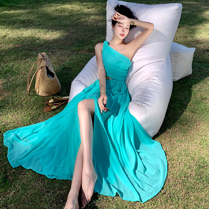 CM-DY009909 Women Trendy Bohemian Style Off Shoilder Sleeveless High Waist Long Dress