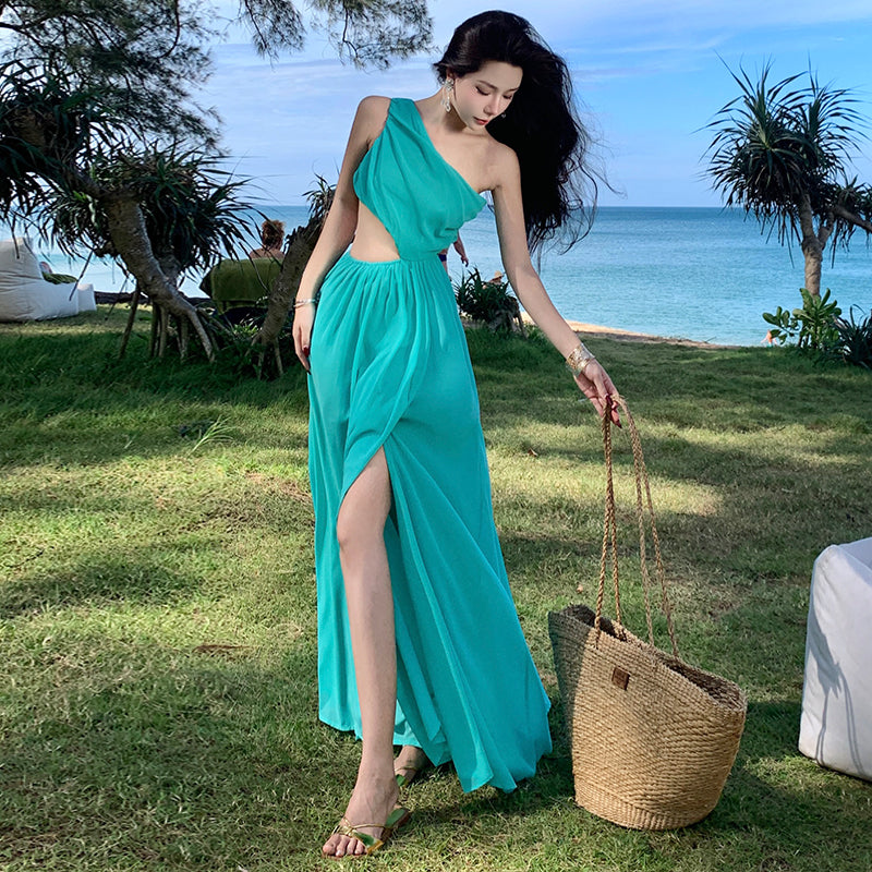 CM-DY009909 Women Trendy Bohemian Style Off Shoilder Sleeveless High Waist Long Dress