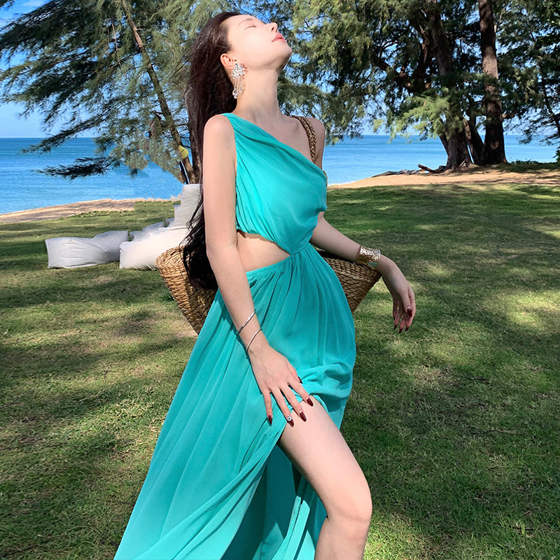 CM-DY009909 Women Trendy Bohemian Style Off Shoilder Sleeveless High Waist Long Dress