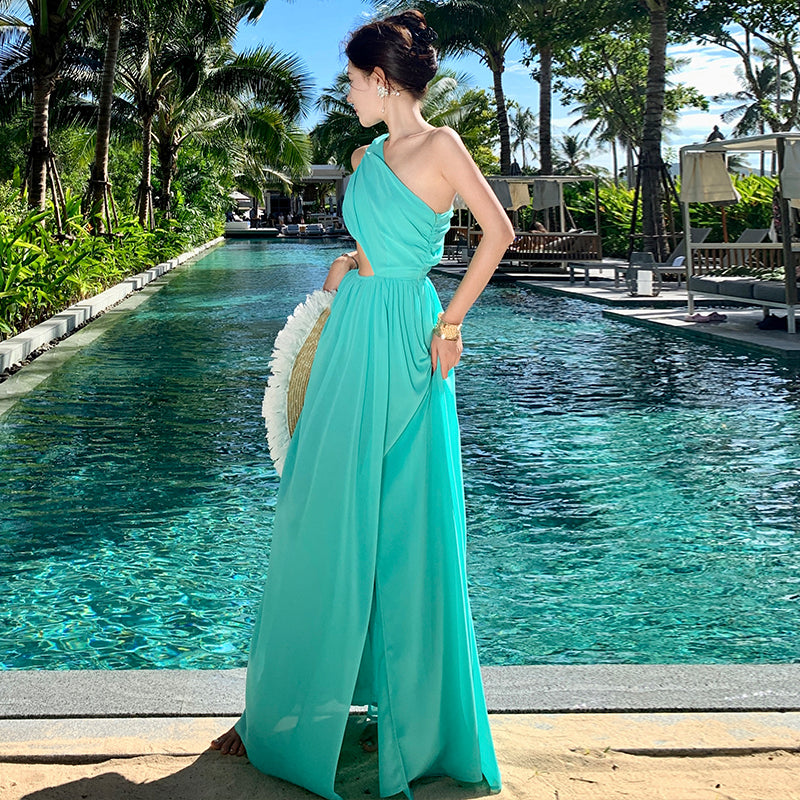 CM-DY009909 Women Trendy Bohemian Style Off Shoilder Sleeveless High Waist Long Dress