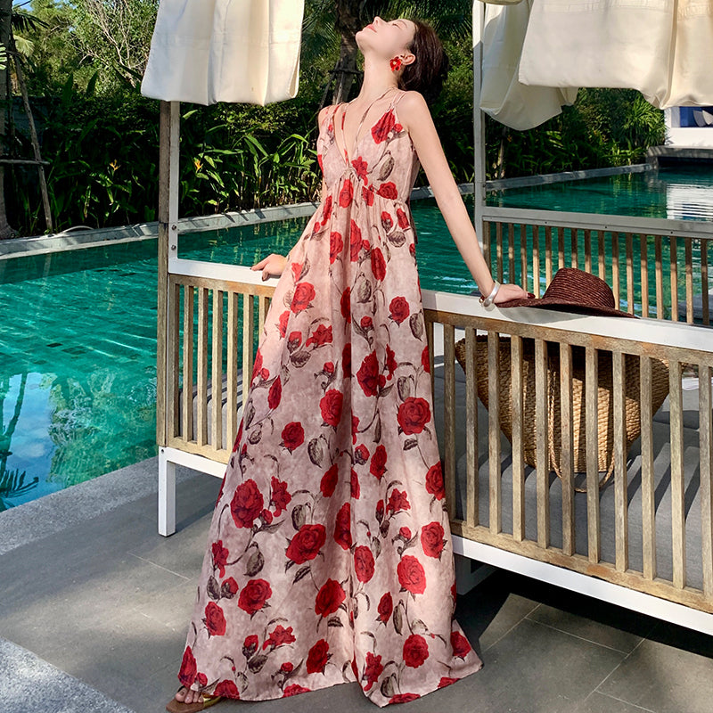 CM-DY009910 Women Trendy Bohemian Style V-Neck Sleeveless Halter Floral Long Dress