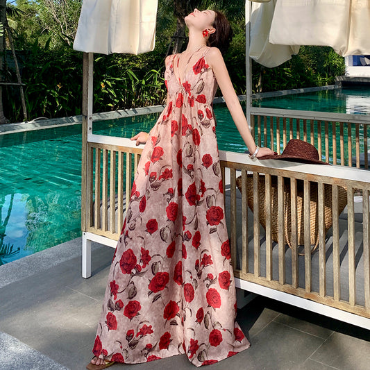 CM-DY009910 Women Trendy Bohemian Style V-Neck Sleeveless Halter Floral Long Dress