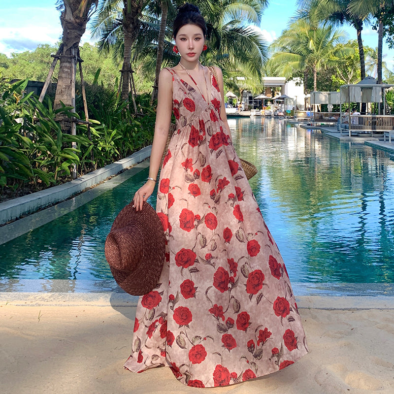 CM-DY009910 Women Trendy Bohemian Style V-Neck Sleeveless Halter Floral Long Dress