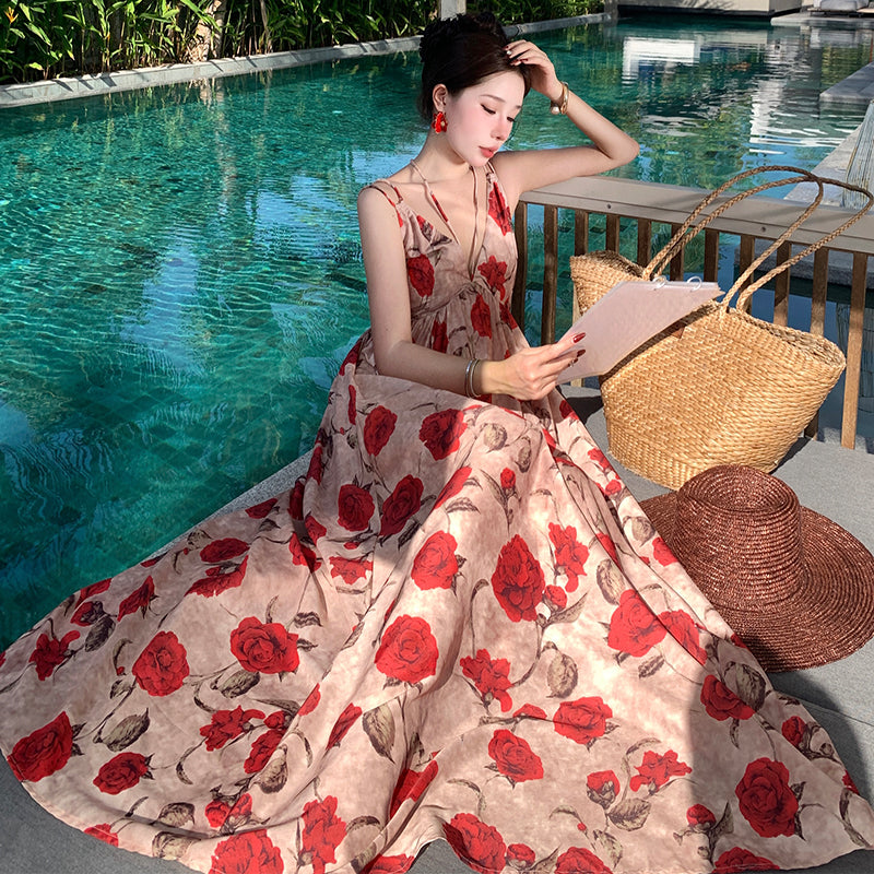 CM-DY009910 Women Trendy Bohemian Style V-Neck Sleeveless Halter Floral Long Dress