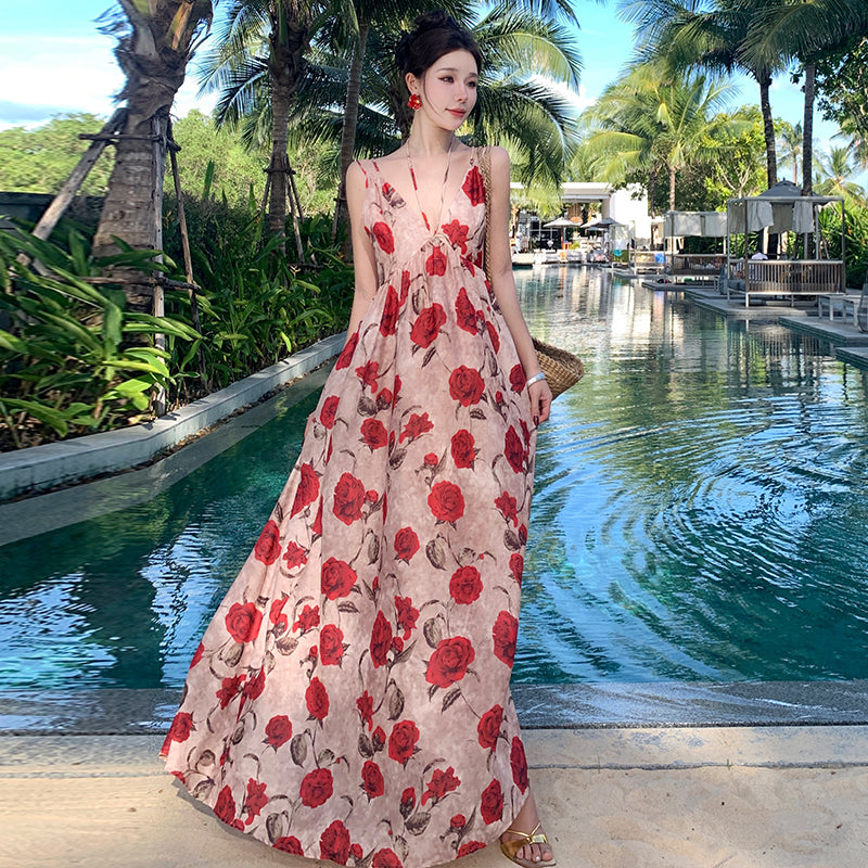 CM-DY009910 Women Trendy Bohemian Style V-Neck Sleeveless Halter Floral Long Dress