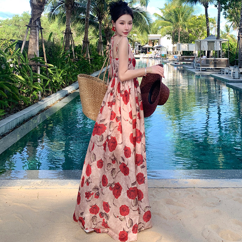 CM-DY009910 Women Trendy Bohemian Style V-Neck Sleeveless Halter Floral Long Dress