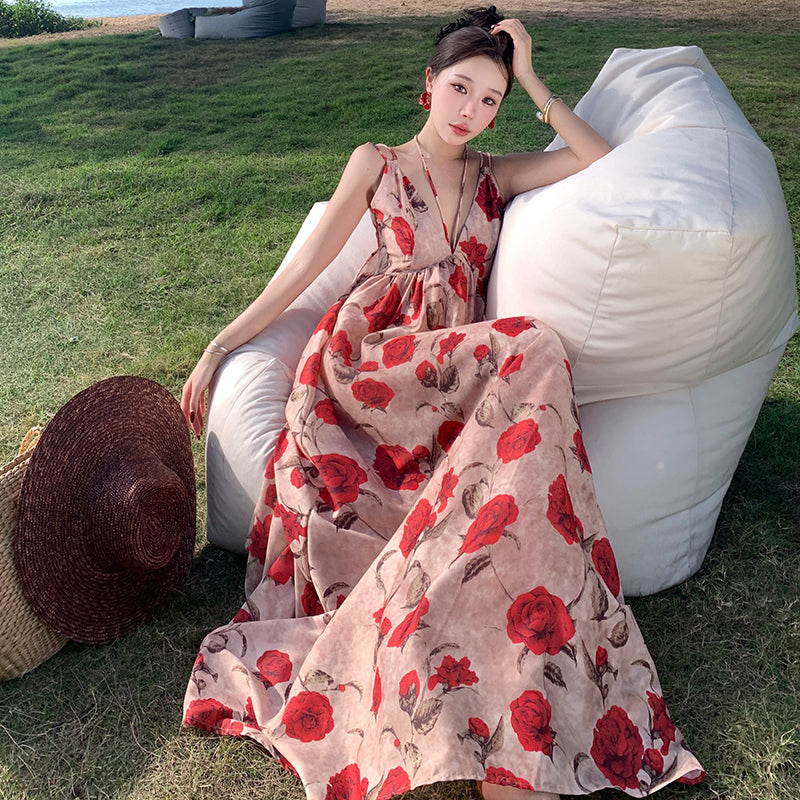 CM-DY009910 Women Trendy Bohemian Style V-Neck Sleeveless Halter Floral Long Dress