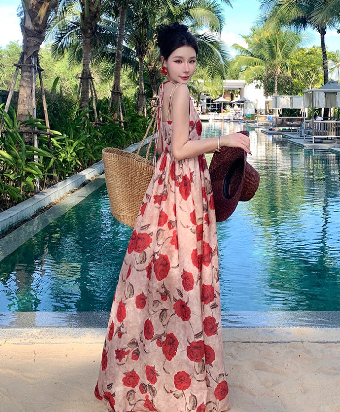 CM-DY009910 Women Trendy Bohemian Style V-Neck Sleeveless Halter Floral Long Dress